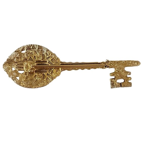 1928 Brand Gold Tone Clear Rhinestone Skeleton Key Brooch Pin K541 - Picture 6 of 10